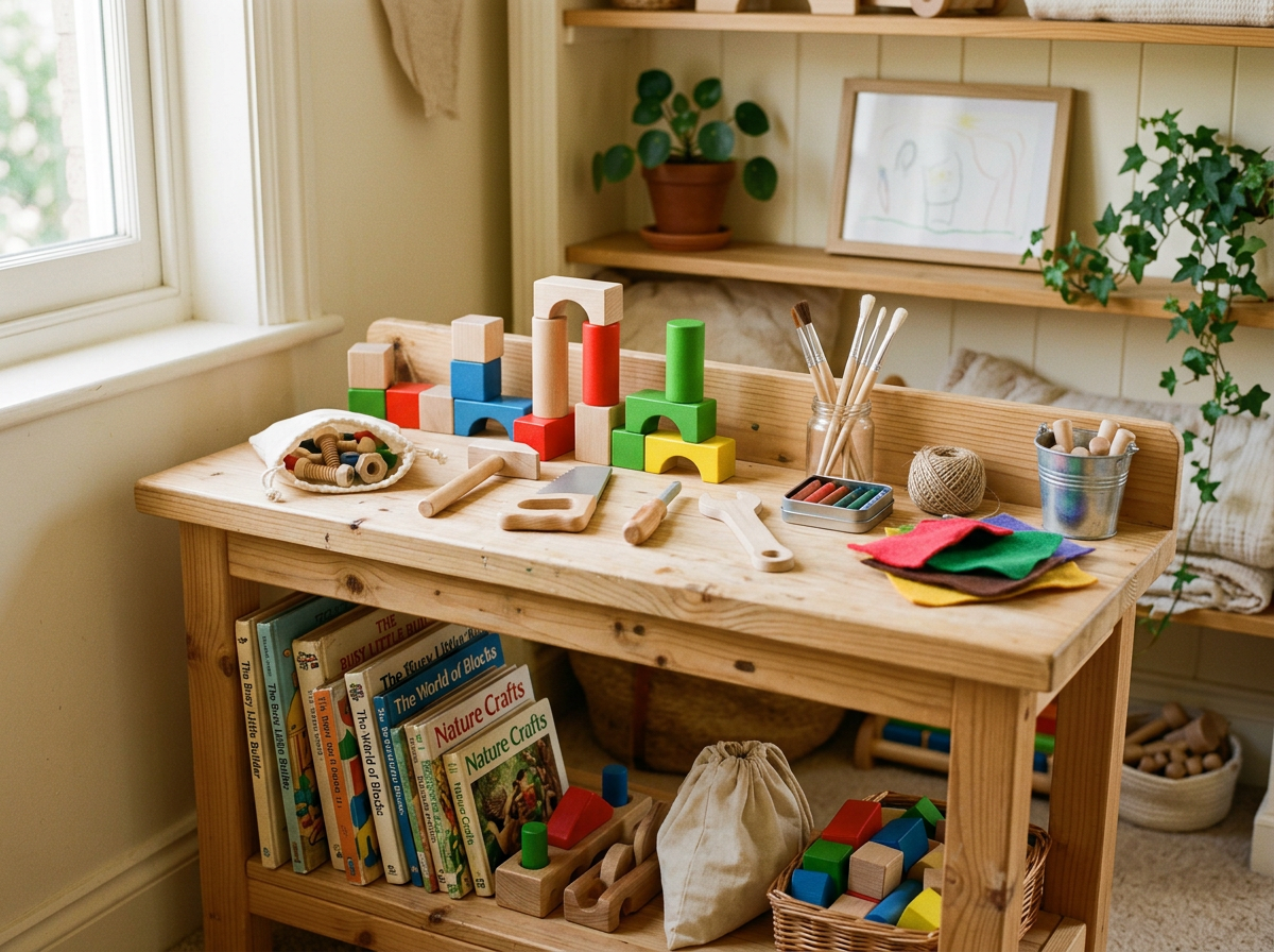 A child-friendly wooden toy workbench with craft supplies in a bright, inviting room