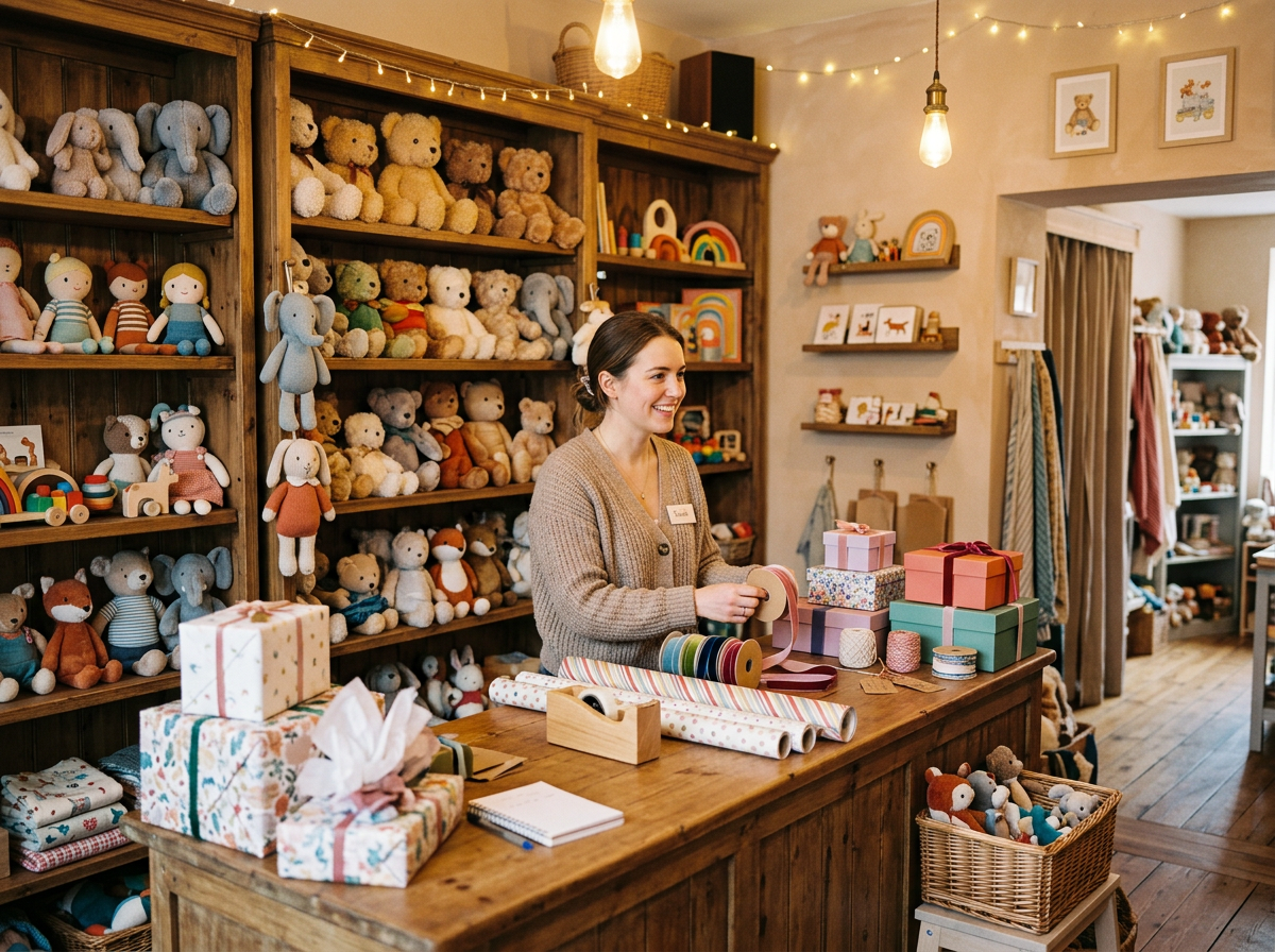 A cozy, inviting boutique toy shop shelf display