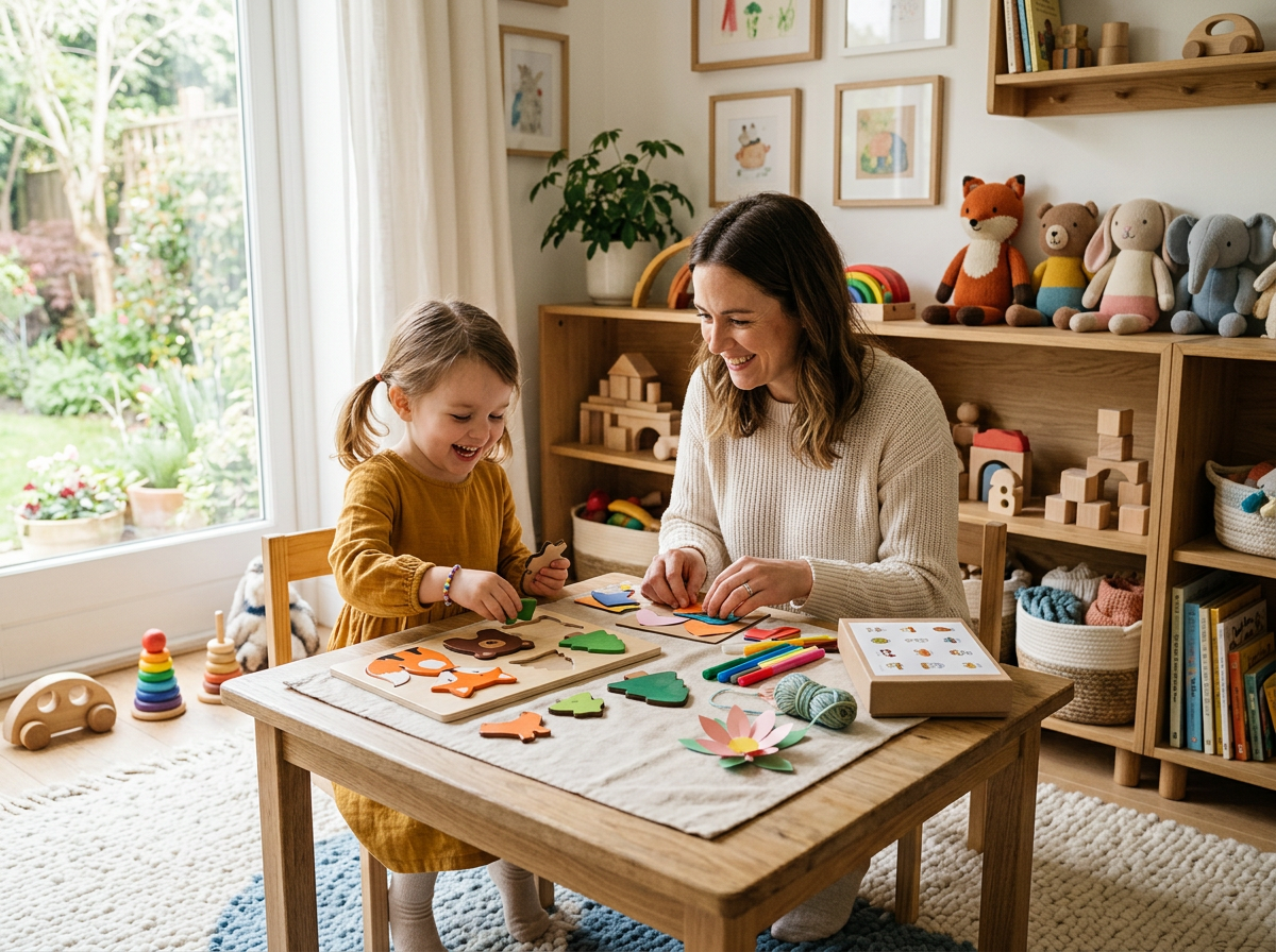 A warm play scene with creative craft kits, wooden puzzles, and plush toys arranged thoughtfully