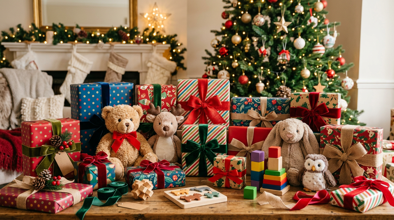 Cheerful display of wrapped gift boxes with ribbons, plush toys, and wooden puzzles